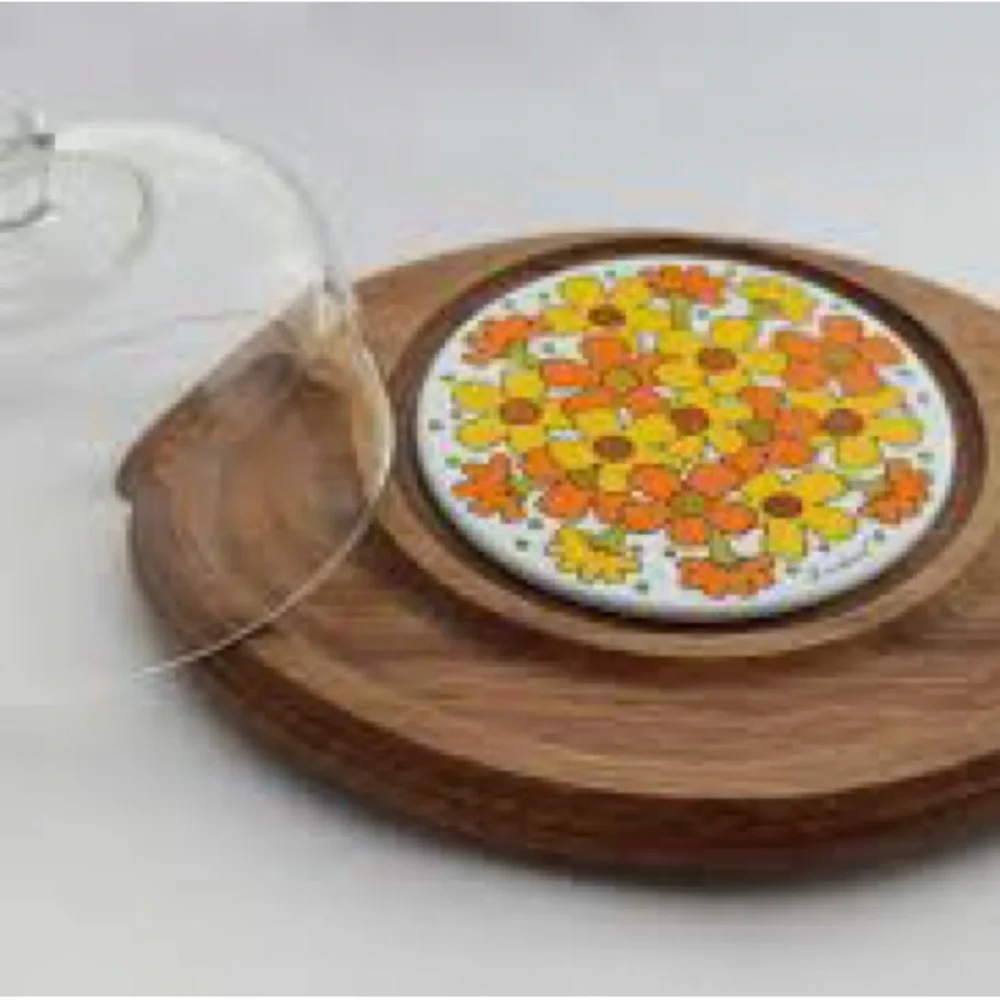 Vintage - teak wood Cheese Board with Glass Dome Goodwood Japan Mid Century